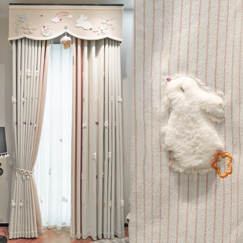 新款高档儿童房卡通兔子绣花雪尼尔飘窗女孩刺绣公主卧室遮光窗帘