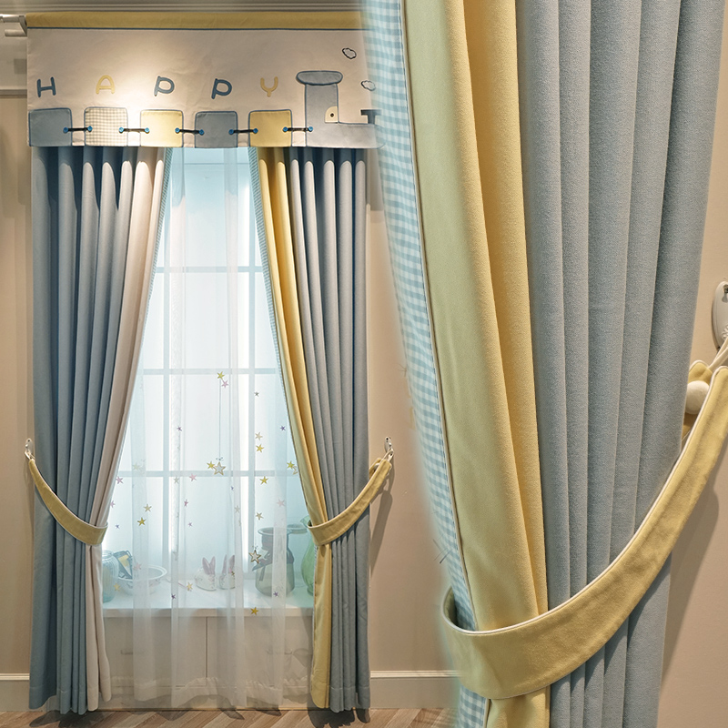 高档现代简约蓝色儿童房男孩半遮光卧室卡通布轻奢棉麻窗帘绣花纱
