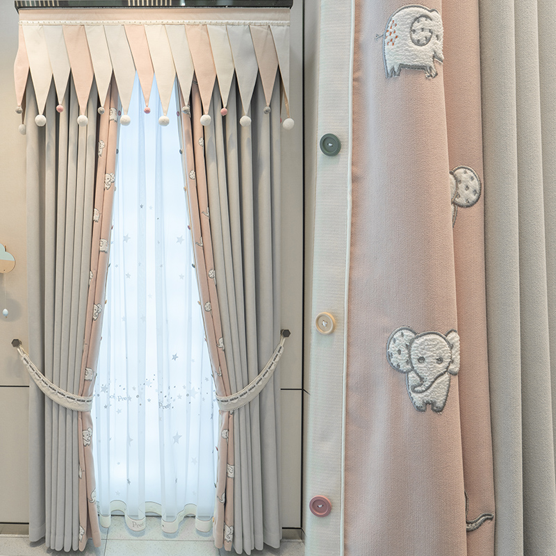 高档卡通绣花雪尼尔小象图案男孩女孩卧室儿童房遮光飘窗落地窗帘