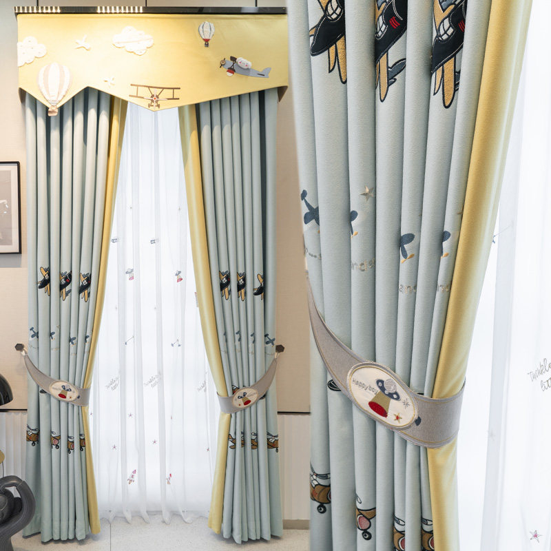 新款可爱卡通飞机图案蓝色窗帘男孩卧室儿童房简约现代绣花窗帘布