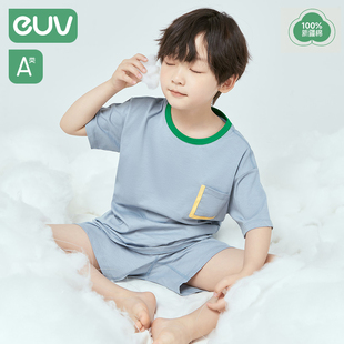 儿童纯棉家居服中大童小男孩全棉短袖 euv 薄款 男童睡衣夏季 套装