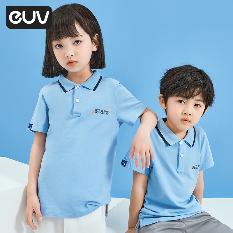 euv儿童纯棉T恤撞色拼接翻领运动