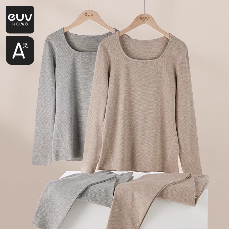 euv蚕丝德绒保暖内衣女士秋衣秋裤套装内穿发热打底棉毛衫A类抑菌