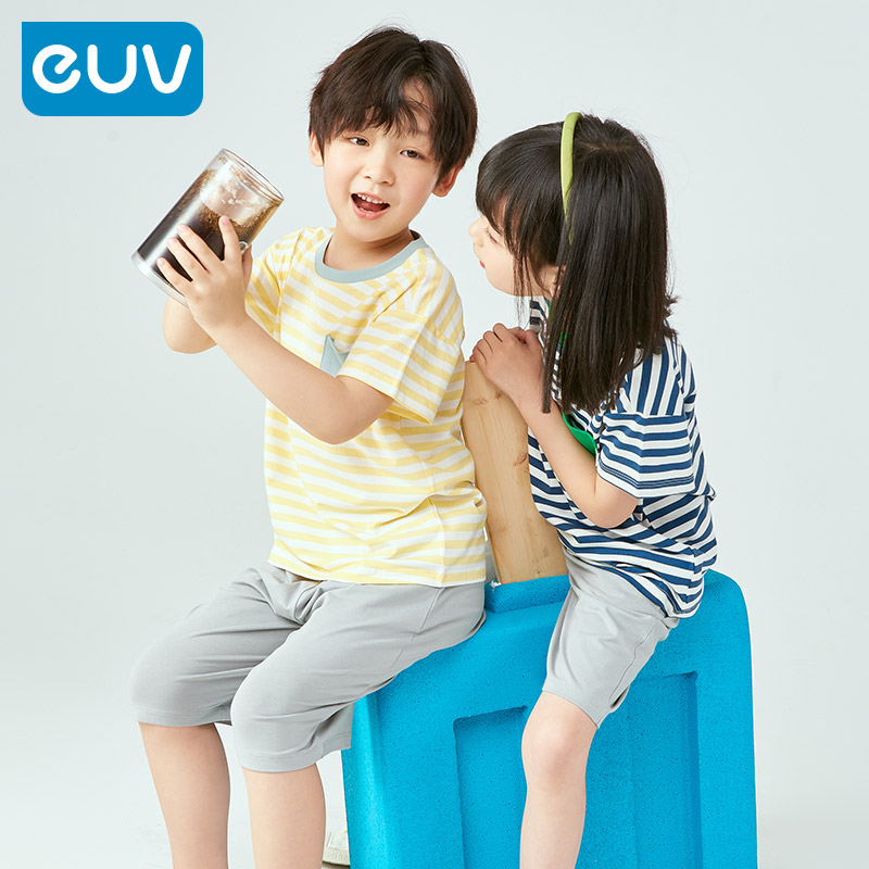 euv 儿童睡衣夏季男童短袖五分裤女童薄款休闲家居服夏款空调服