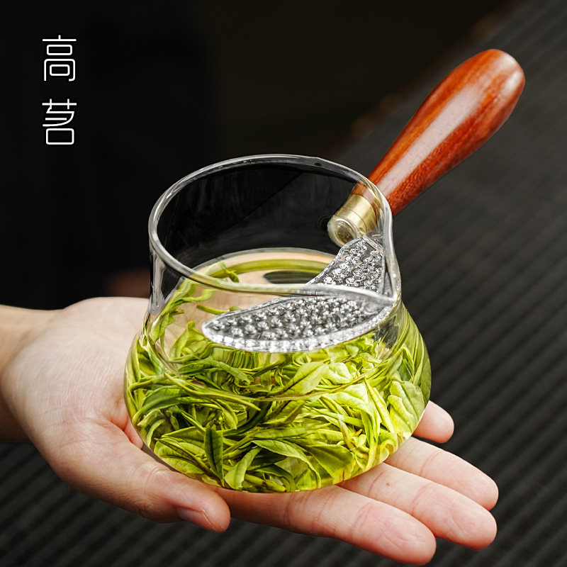 月牙侧把公道杯玻璃茶滤网一体2026新款木柄高档泡绿茶水自带茶漏