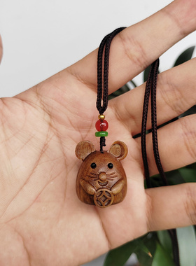小老鼠卡通吊坠绿檀木萌趣挂件