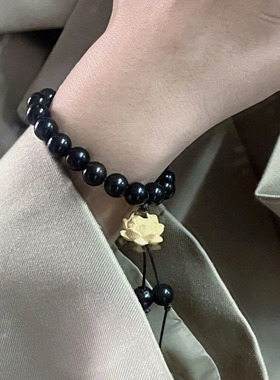 复古紫光檀木莲花吊饰款单圈手串