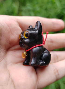 黄眼小狗把玩件黑檀木萌系法斗犬小摆件可爱木雕创意设计生肖木作