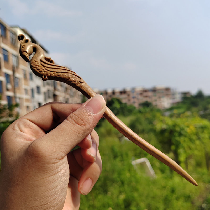 绿檀木凤舞发钗束发头钗古风发饰木质简约古典盘发木作簪子日常