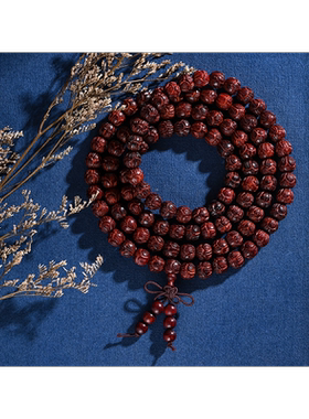 小叶紫檀108颗佛珠多圈手串雕刻莲花木料念珠手链项链男士毛衣链