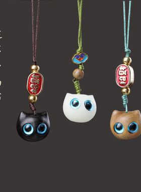 绿檀黑檀夜光迷你小福猫手机链