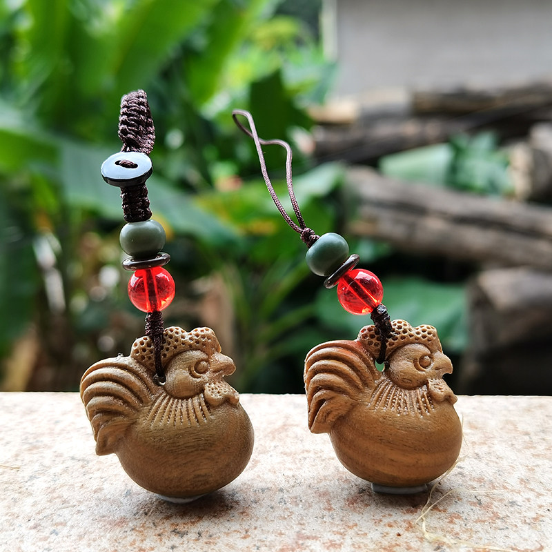 绿檀木质生肖公鸡国风雄鸡报晓汽车钥匙扣手机链学生随身包包挂件