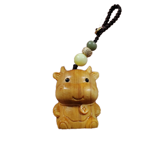 崖柏木铜钱牛车钥匙扣Q萌生肖牛把玩件卡通动物实木木质挂绳挂件