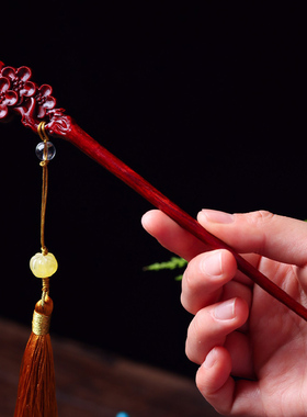 梅花情发簪步摇发簪古风旗袍檀木流苏头饰红色簪子盘发木质发钗子