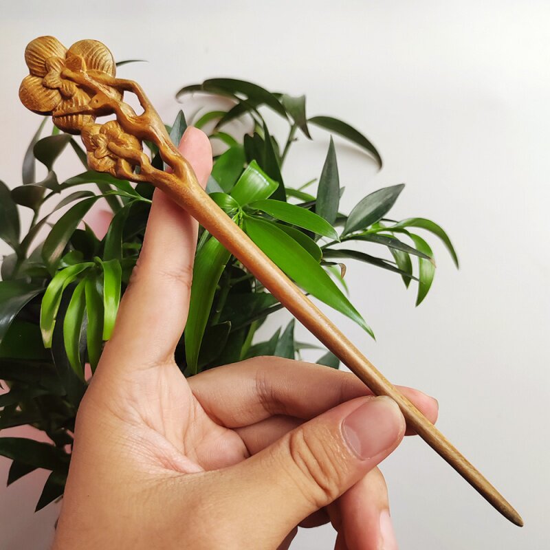 绿檀木寒梅发簪日常盘发木簪木质发钗实木头钗民族风宫廷风发饰