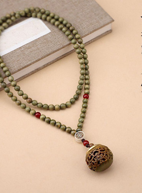 绿檀木珠香囊项链挂件