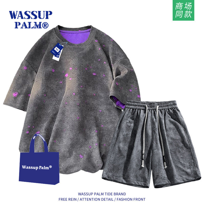 WASSUP PALM运动服套装男2025新款夏季破洞短袖休闲短裤两件套潮