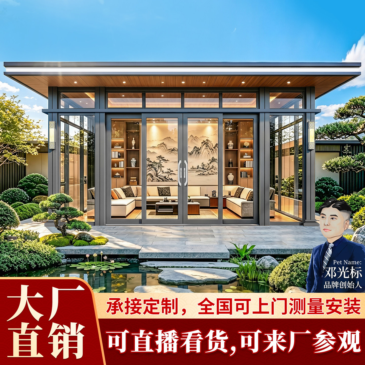 户外阳光房庭院一楼铝合金凉亭玻璃房新中式平顶凉亭四角亭子定制 - 实物图