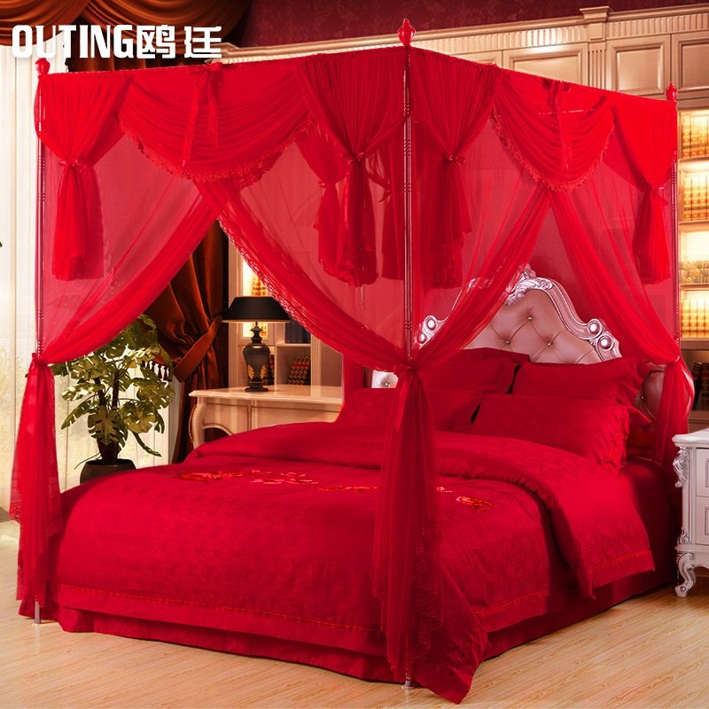 鸥廷婚庆蚊帐1.5m1.8m床落地宫廷大红色家用加厚加密公主风纹账