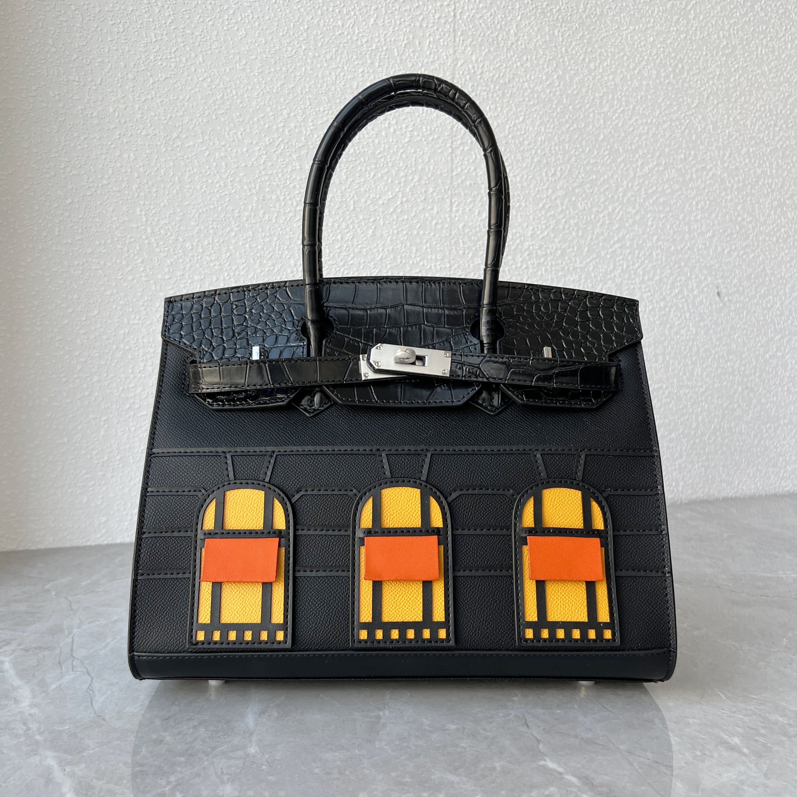 真皮牛皮手掌纹配压纹新款房子包女士欧美时尚铂金包手提斜跨女包