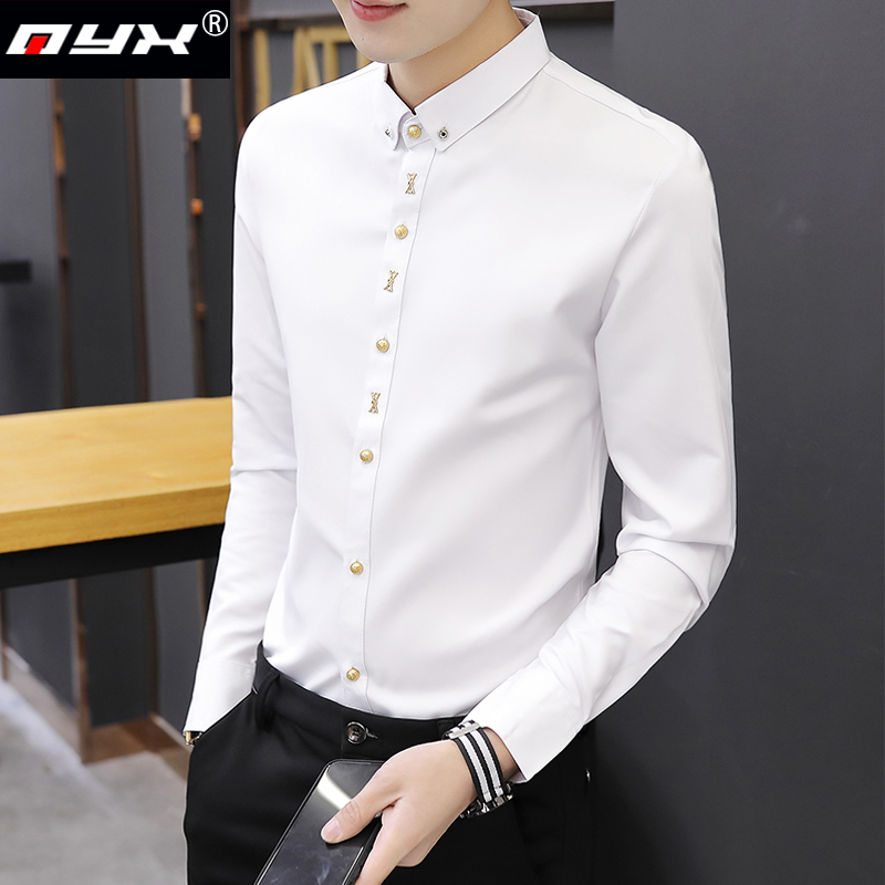 白衬衫男士长袖衬衣韩版修身纯色衬衣青年弹力春季男装简约寸衫潮