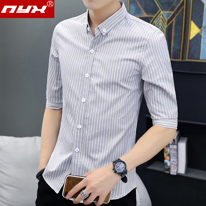条纹衬衫韩版修身五分袖男装休闲