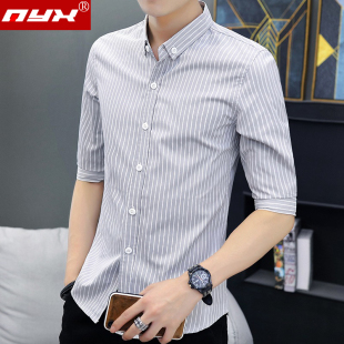 衬衣青年夏季 潮 男士 寸衫 休闲短袖 男装 五分袖 修身 韩版 条纹衬衫 中袖