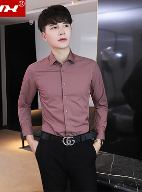 酒红色商务休闲免烫衬衫男士长袖春秋季弹力修身衬衣韩版潮流帅气