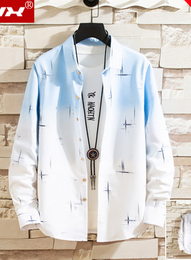 春秋季长袖休闲衬衫男士潮牌帅气渐变印花寸衬衣流行洋气薄款外套