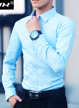 春秋季纯浅天蓝色衬衫男士长袖韩版修身衬衣商务职业正装寸衫上衣