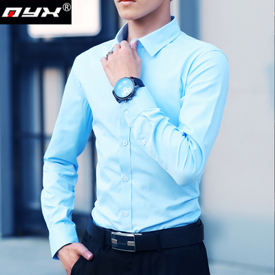 春秋季纯浅天蓝色衬衫男士长袖韩版修身衬衣商务职业正装寸衫上衣