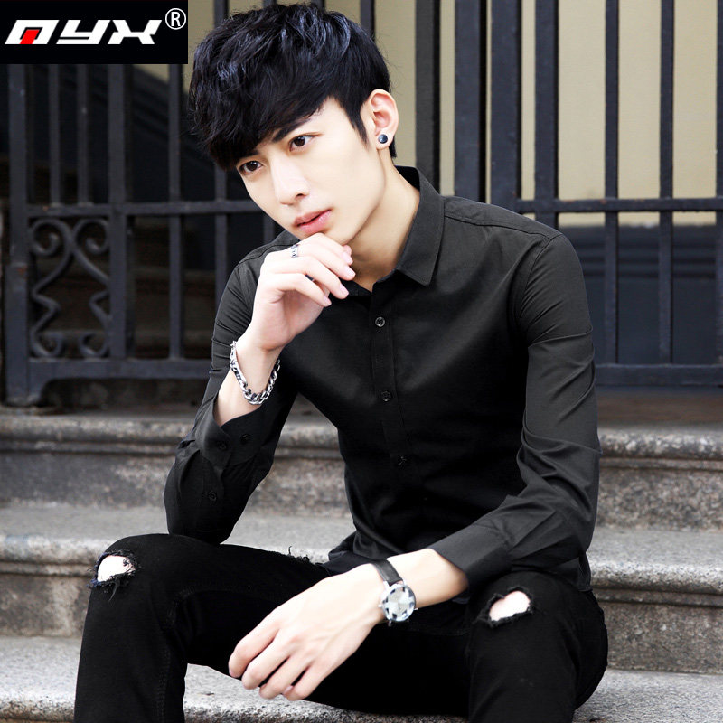 2025春秋季新款黑色衬衫男士长袖衬衣韩版潮流修身休闲白寸衫衣服