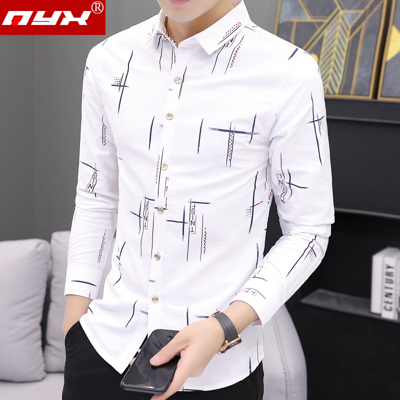 印花男士韩版潮流修身格子衬衫