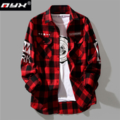 男士 寸衫 长袖 红色格子衬衫 宽松休闲衬衣韩版 潮流帅气工装 外套秋季