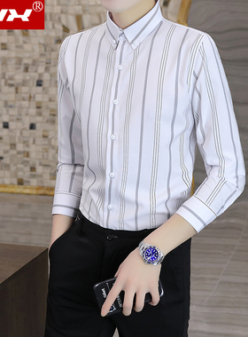 条纹衬衫男长袖高端轻奢弹力免烫白衬衣秋季潮流休闲修身男士寸衫
