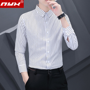 春秋季白色细条纹衬衫男士长袖休闲衬衣男装修身潮流百搭弹力寸衫