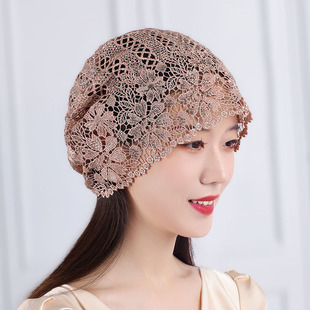 女士优雅镂空花朵头巾帽网眼水钻薄款 搭配堆堆帽 款 透气包头帽四季