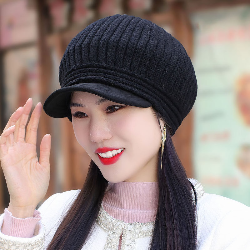 女士秋冬天毛线帽子洋气麂皮绒软沿鸭舌帽条纹针织帽圆顶大贝雷帽