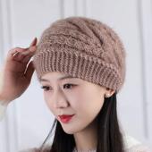 加绒防风护耳帽女秋冬保暖松鼠绒优雅包头帽手工钩花毛线针织帽子