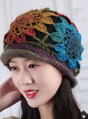 女秋冬天双层毛线帽子手工针织帽