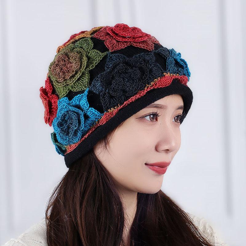 女士秋冬天保暖羊毛针织帽手工钩花毛线帽双层保暖民族风包头帽子