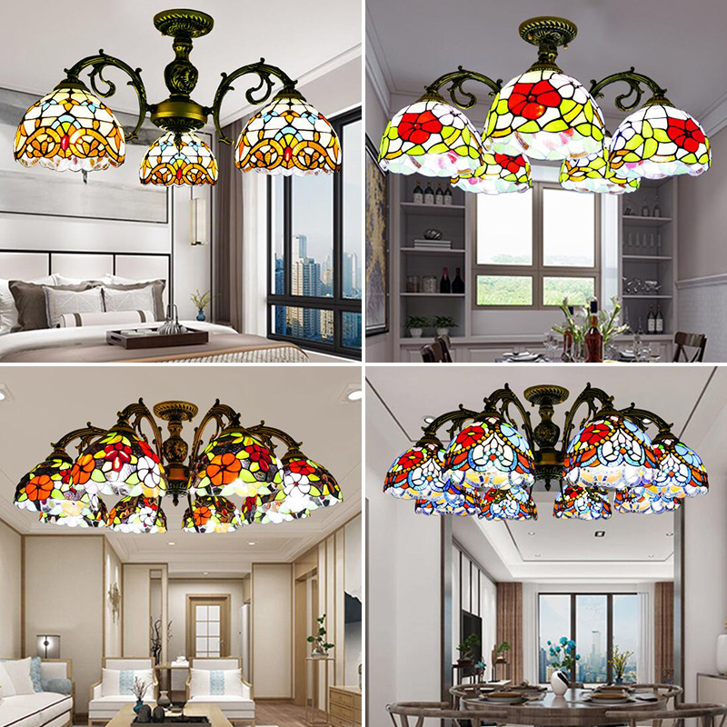 蒂凡尼欧式风3头彩色玻璃卧室灯