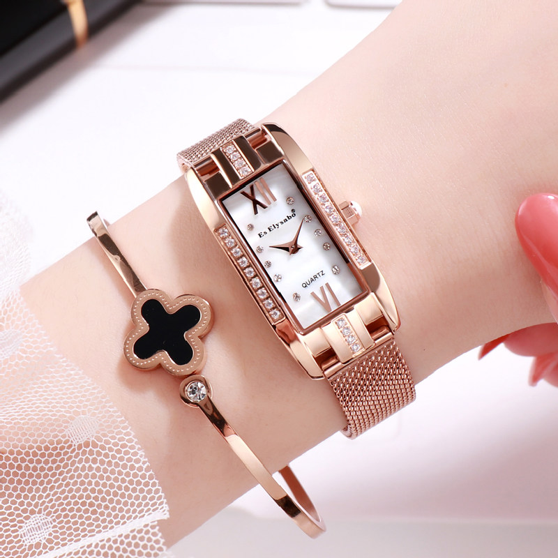 伊莉萨博新款时尚正品女士手表方形真皮防水钻简约韩版女生米兰带