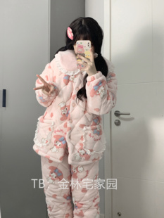 冬季新款美乐蒂法兰绒三层夹棉加厚睡衣女可爱保暖软妹家居服套装