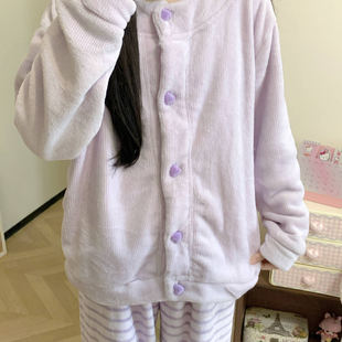 新款 简约条纹睡衣女亲肤小众奶肤绒保暖甜妹紫色睡衣控家居服 冬季