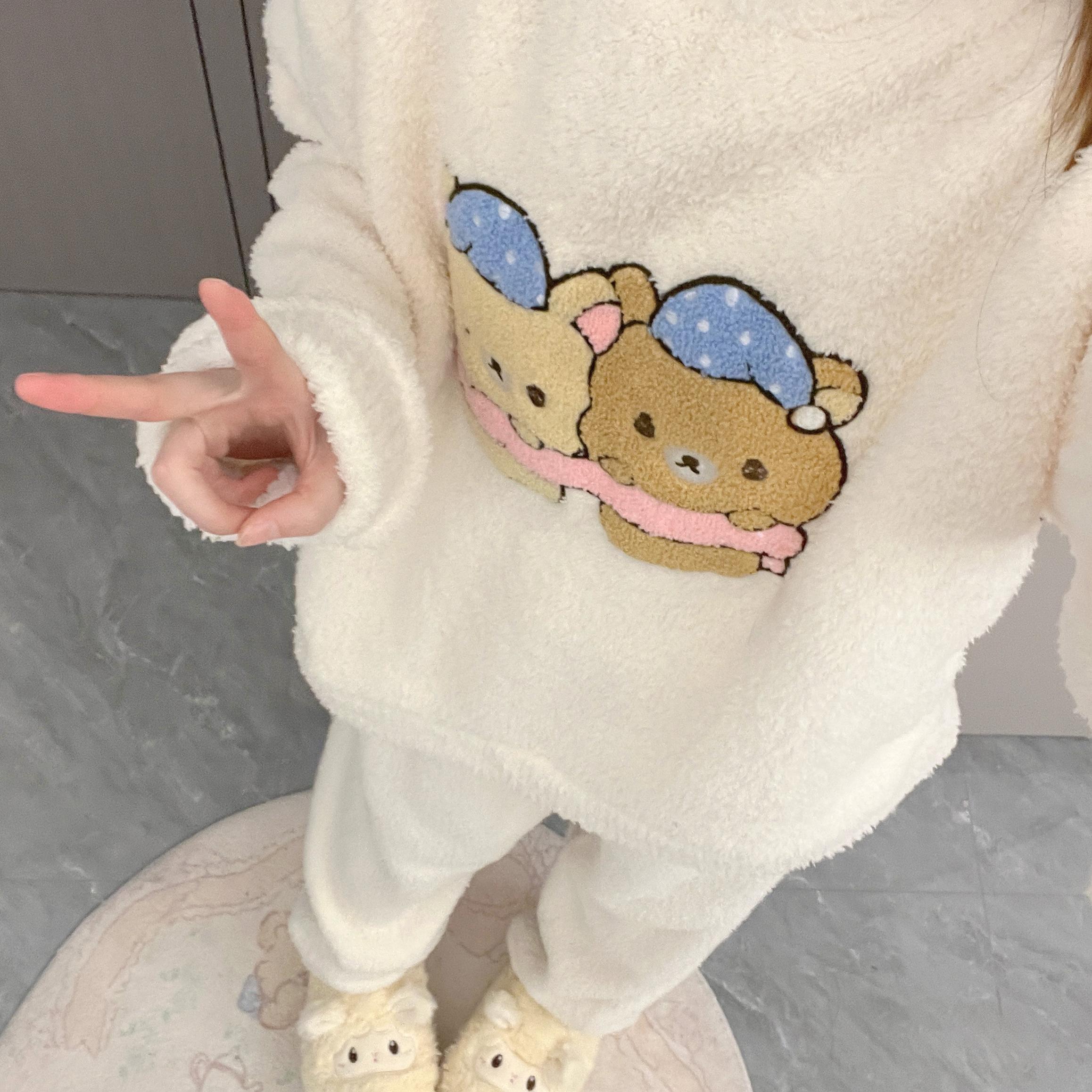 原创!轻松熊冬季长袖仿半边绒睡衣少女冬加绒加厚甜美可爱家居服