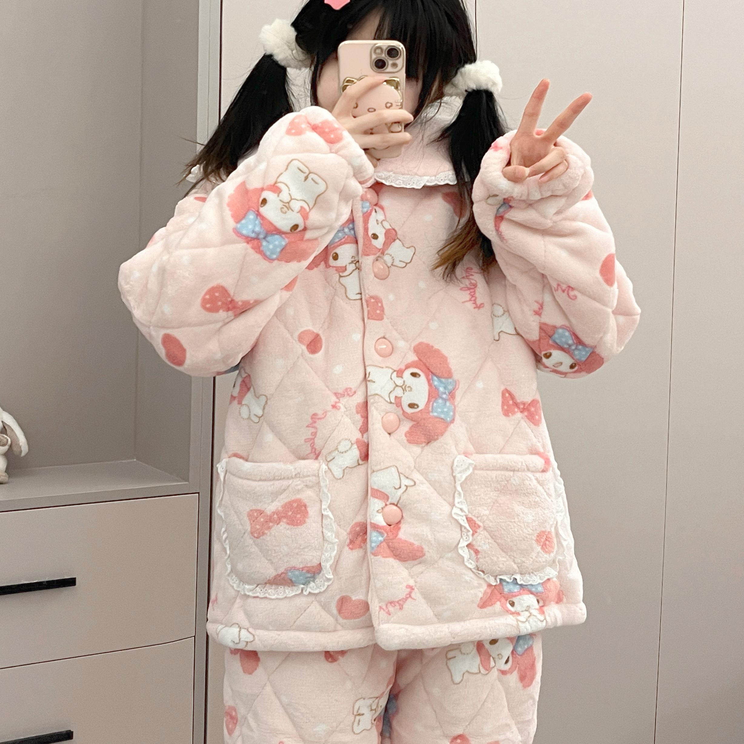 美乐蒂法兰绒三层夹棉睡衣女可爱加厚加厚娃娃领家居服套装