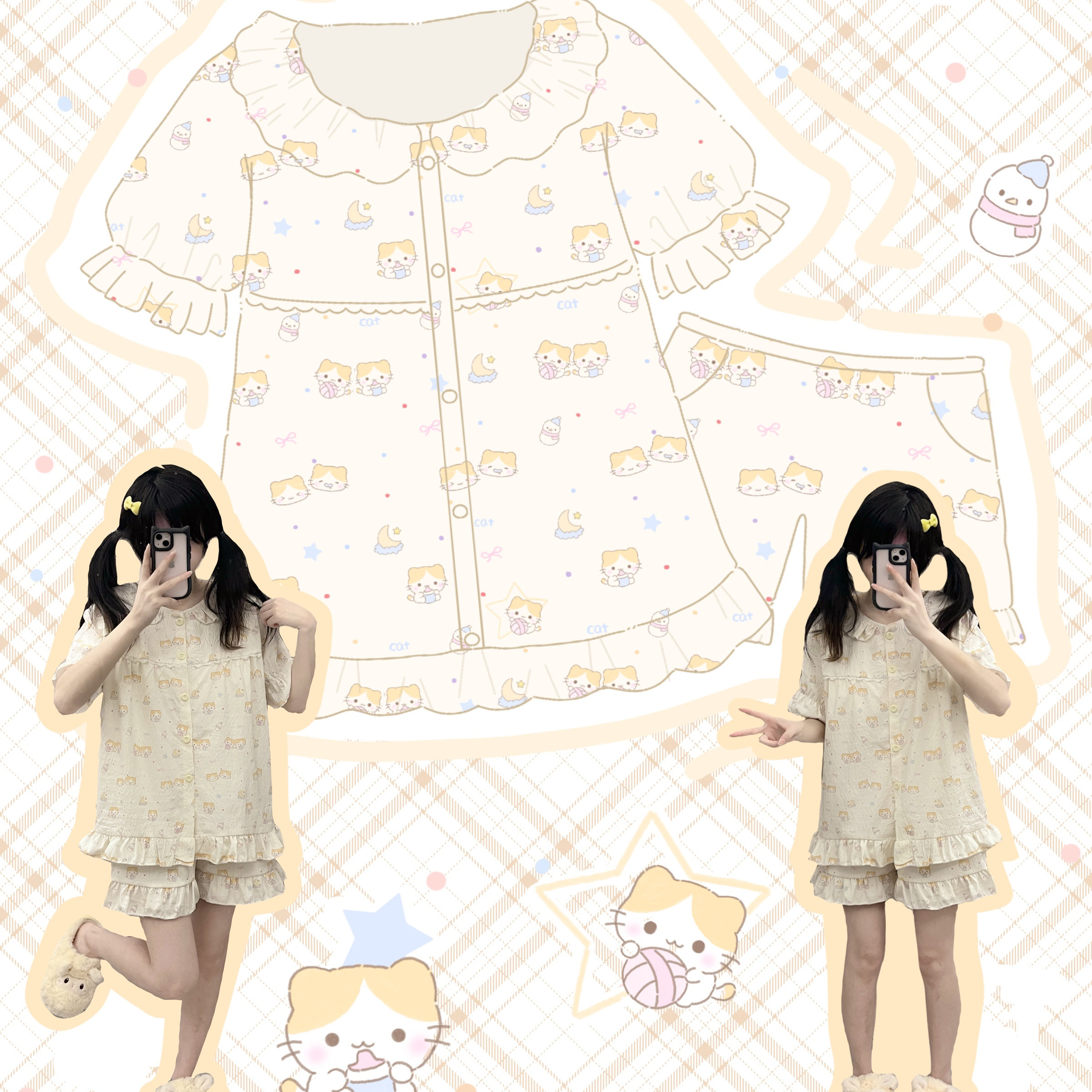 原创！棉花糖猫猫甜美夏季云朵棉带胸垫少女睡衣可爱家居服可外穿图片