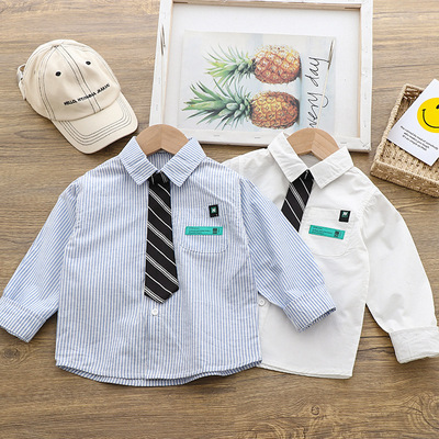 儿童小领带翻领衬衣长袖衬衫条纹