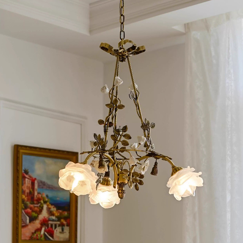 法式全铜吊灯浪漫田园餐厅中古Vintage客厅美式复古花朵卧室吊灯